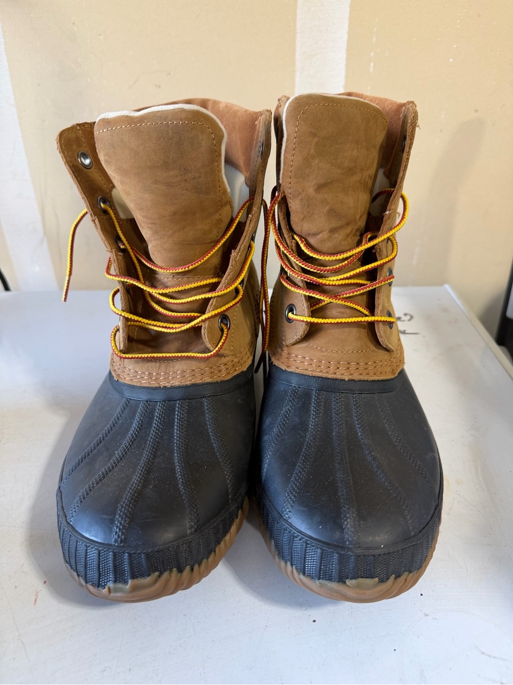 Sorel Brown & Black Duck Boots with Yellow Laces